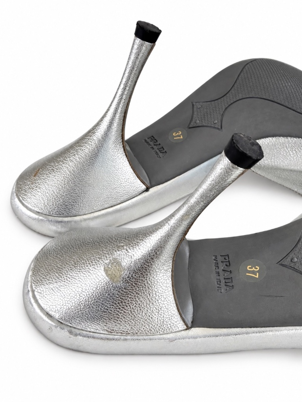 Prada Silver Metallic Leather Open Toe Mule Heels Sandals Size 37 - Picture 12 of 16